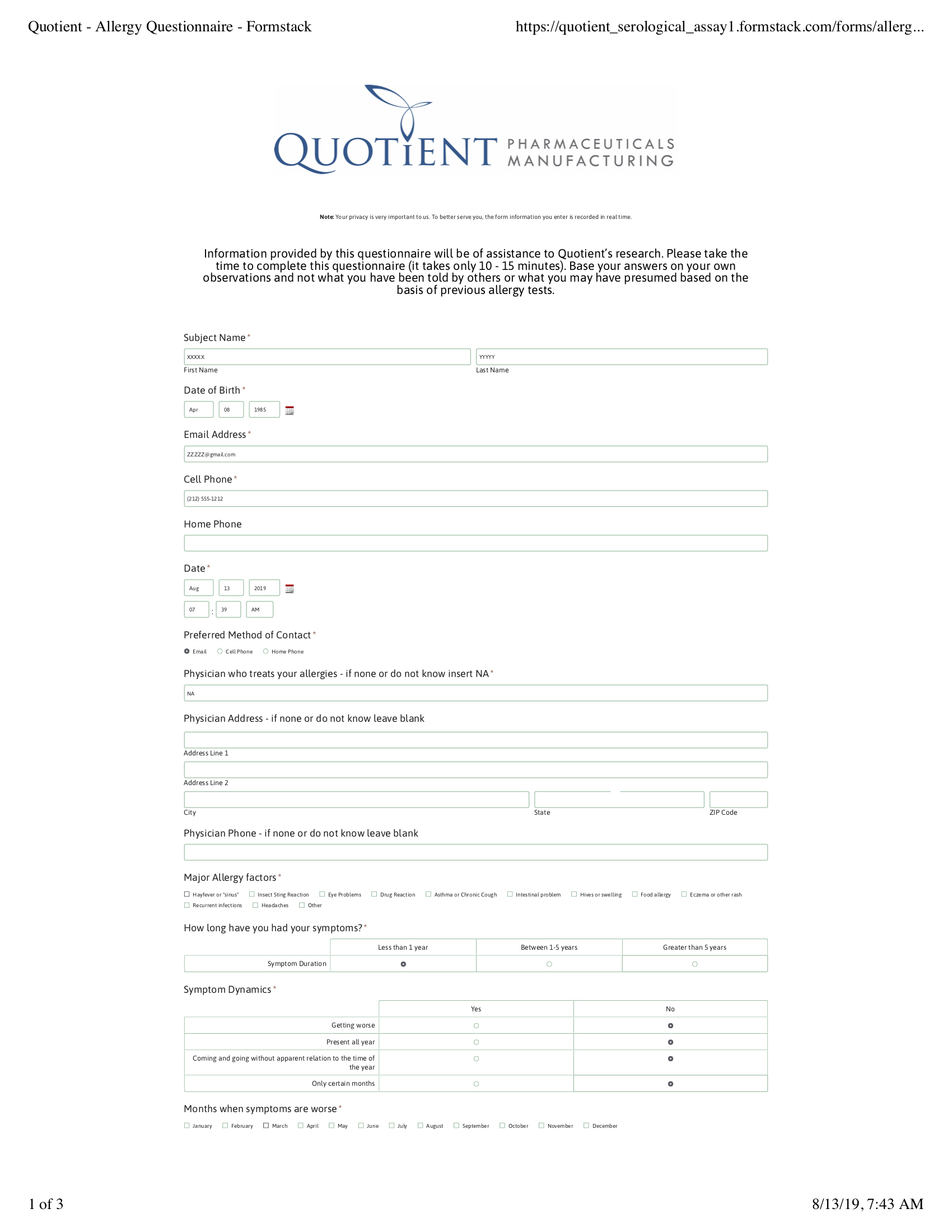Quotient Allergy Questionnaire